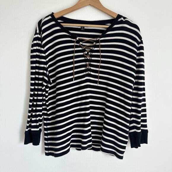 Lauren Ralph Lauren Striped Lace-Up Waffle-Knit Top Leather Drawcord Size XXL - Picture 2 of 12